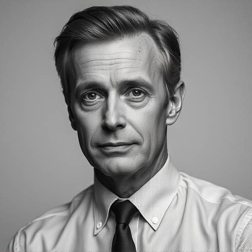 Et sort/hvid portræt af en skuespiller med et klassisk og tidløst udtryk. Han er klædt i en skjorte og slips, og baggrunden er neutral.